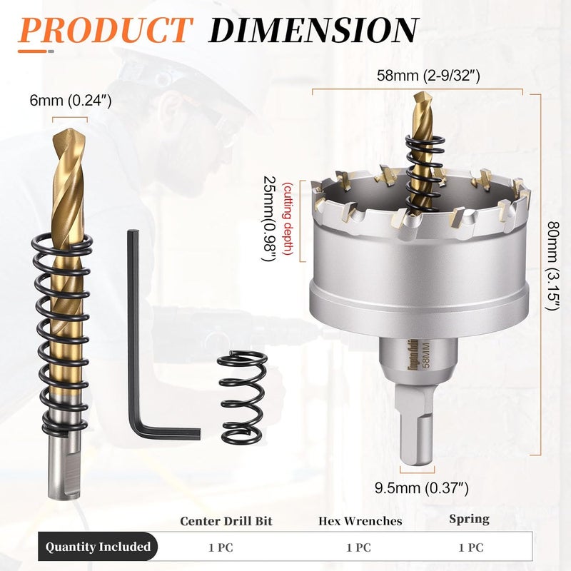 METALLIXITY Hole Saw 58mm (2-9/32"), Heavy Duty Tungsten Carbide with Center Drill Bit Hex Key Spring - Hole Cutters for Thick Stainless Steel Steel Metal Plates. Silver - Image 2